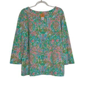 Ruby Rd Beaded Shirt Womens Size XL Green Pink Cotton Stretch 3/4 Sleeves